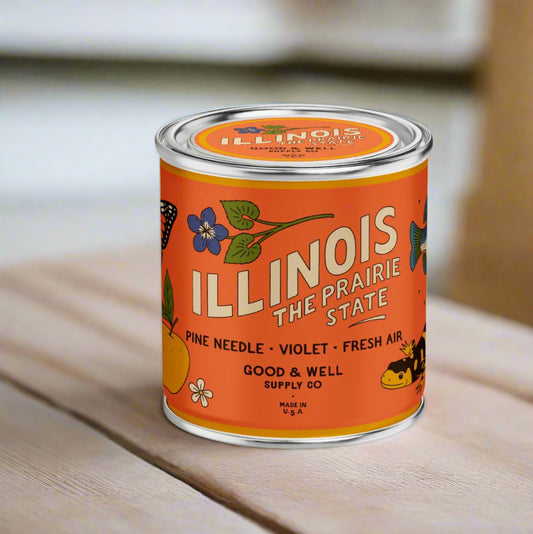 Canister with 'Illinois The Prairie State' label on an orange background