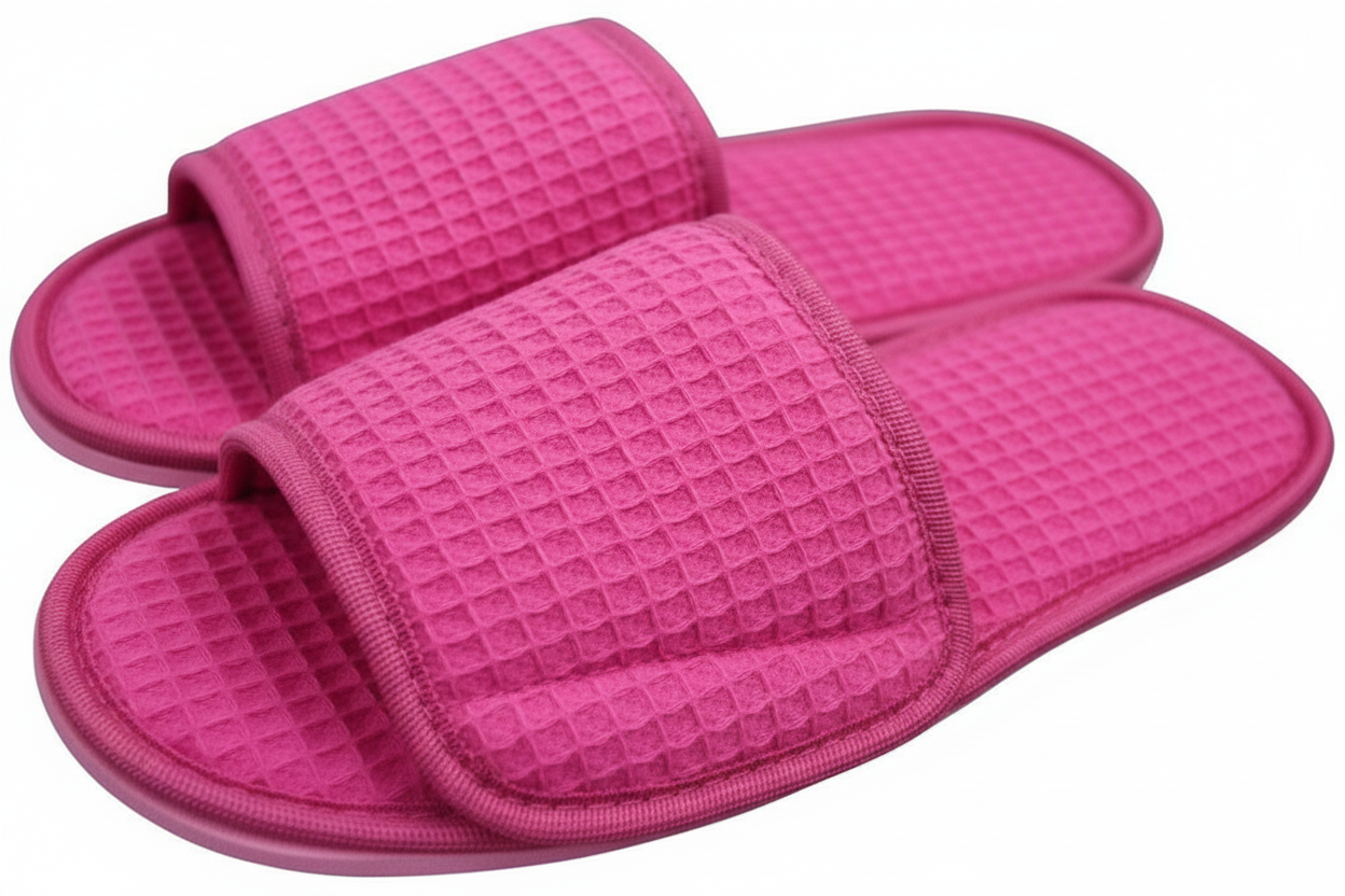Pair of pink waffle-textured slippers on a white background