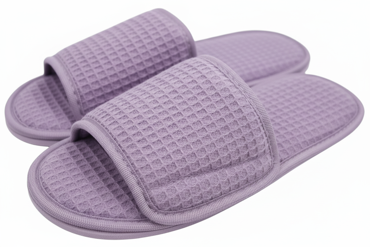 Pair of purple waffle-textured slippers on a white background