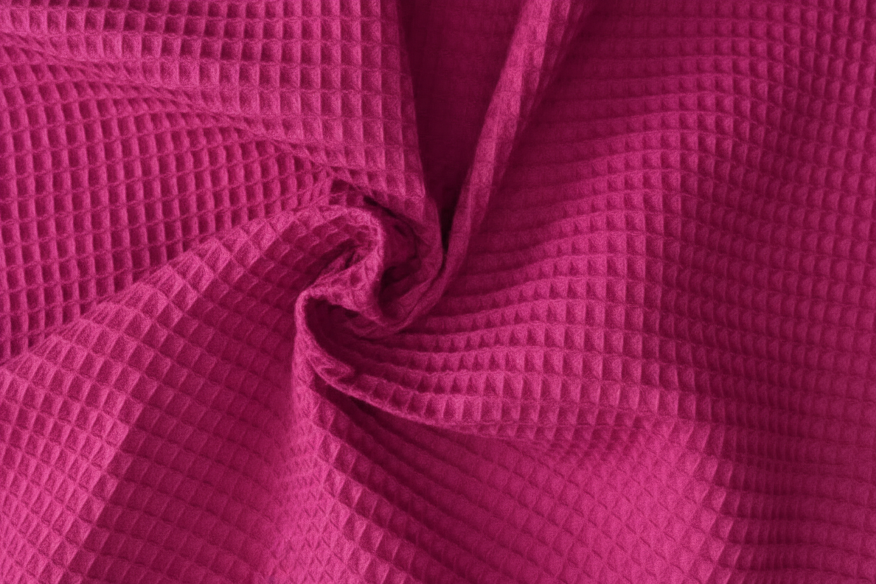 Close-up of textured fuchsia colored cotton fabric with a waffle pattern