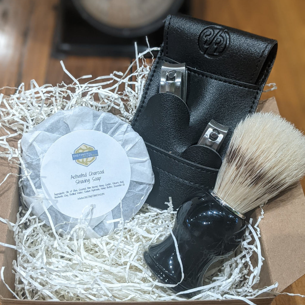 Distinct Activated Charcoal Shave Puck, Shave Brush & Nail Clipper Gift Set